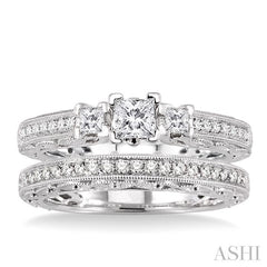 3/4 ctw Diamond Wedding Set with 1/2 ctw Princess Cut Engagement Ring and 1/5 ctw Wedding Band in 14K White Gold