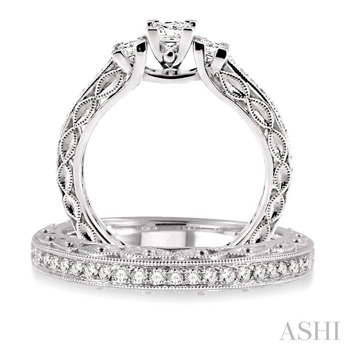 3/4 Ctw Diamond Wedding Set with 1/2 Ctw Princess Cut Engagement Ring and 1/5 Ctw Wedding Band in 14K White Gold