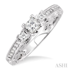 1/2 ctw Diamond Engagement Ring with 1/4 ct Princess Cut Center Stone in 14K White Gold