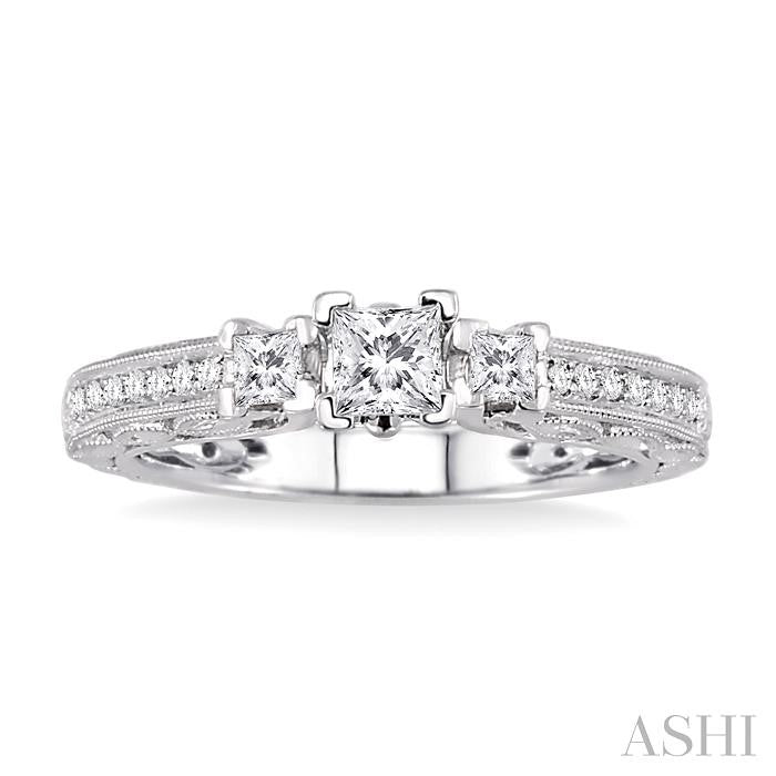 1/2 ctw Diamond Engagement Ring with 1/4 ct Princess Cut Center Stone in 14K White Gold