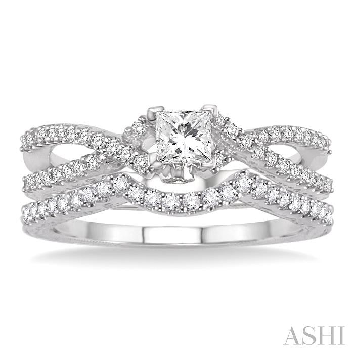 5/8 Ctw Diamond Wedding Set with 1/2 Ctw Princess Cut Engagement Ring and 1/8 Ctw Wedding Band in 14K White Gold