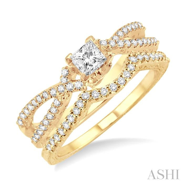 5/8 Ctw Diamond Wedding Set with 1/2 Ctw Princess Cut Engagement Ring and 1/8 Ctw Wedding Band in 14K Yellow Gold