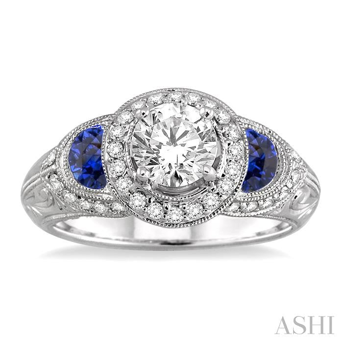 5x3 MM Half-moon Sapphire and 1/2 Ctw Round Cut Diamond Semi-Mount Engagement Ring in 14K White Gold