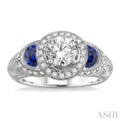5x3 MM Half-moon Sapphire and 1/2 Ctw Round Cut Diamond Semi-Mount Engagement Ring in 14K White Gold