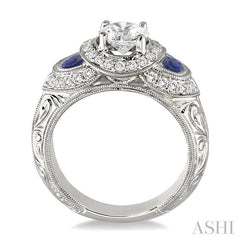 5x3 MM Half-moon Sapphire and 1/2 Ctw Round Cut Diamond Semi-Mount Engagement Ring in 14K White Gold