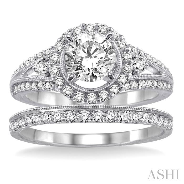 1 1/4 Ctw Diamond Wedding Set with 1 Ctw Round Cut Engagement Ring and 1/4 Ctw Wedding Band in 14K White Gold