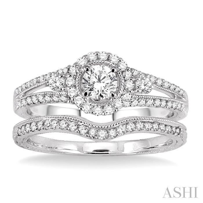 3/4 Ctw Diamond Wedding Set with 5/8 Ctw Round Cut Engagement Ring and 1/6 Ctw Wedding Band in 14K White Gold
