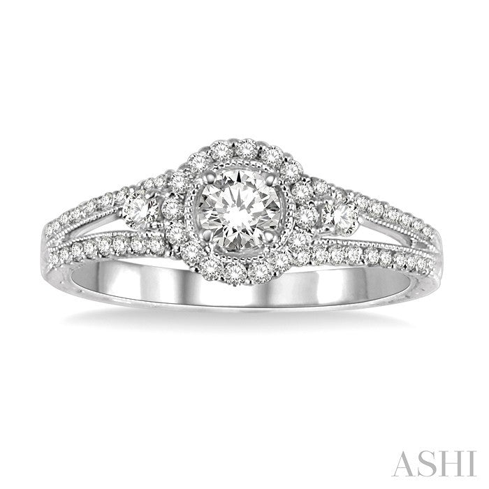 5/8 Ctw Diamond Engagement Ring with 1/5 Ct Round Cut Center Stone in 14K White Gold