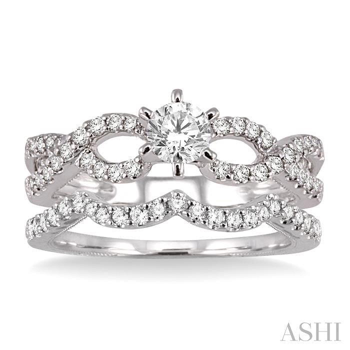 3/4 Ctw Diamond Wedding Set with 5/8 Ctw Round Cut Engagement Ring and 1/5 Ctw Wedding Band in 14K White Gold