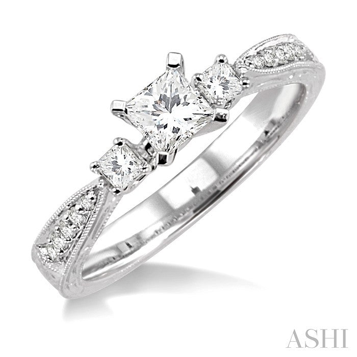 1/2 Ctw Diamond Engagement Ring with 1/3 Ct Princess Cut Center Stone in 14K White Gold