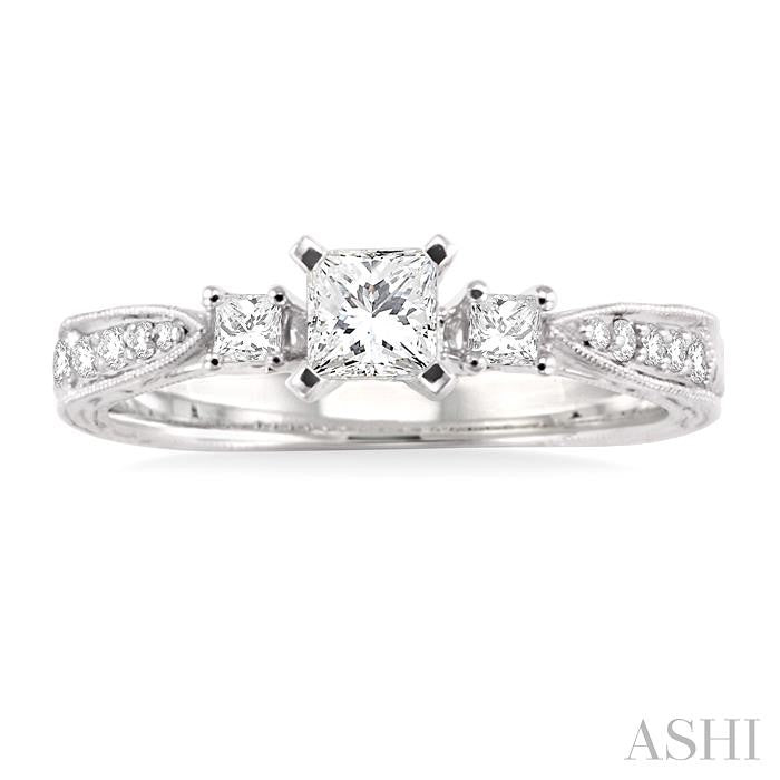 1/2 ctw Diamond Engagement Ring with 1/3 ct Princess Cut Center Stone in 14K White Gold