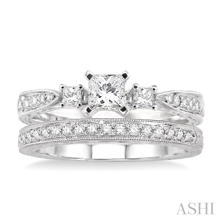 5/8 ctw Diamond Wedding Set with 1/2 ctw Princess Cut Engagement Ring and 1/8 ctw Wedding Band in 14K White Gold