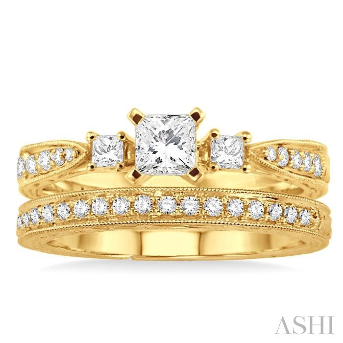 5/8 ctw Diamond Wedding Set with 1/2 ctw Princess Cut Engagement Ring and 1/8 ctw Wedding Band in 14K Yellow Gold