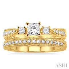 5/8 ctw Diamond Wedding Set with 1/2 ctw Princess Cut Engagement Ring and 1/8 ctw Wedding Band in 14K Yellow Gold