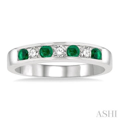 2.5 MM Round Cut Emerald and 1/5 Ctw Channel Set Round Cut Diamond Band in 14K White Gold