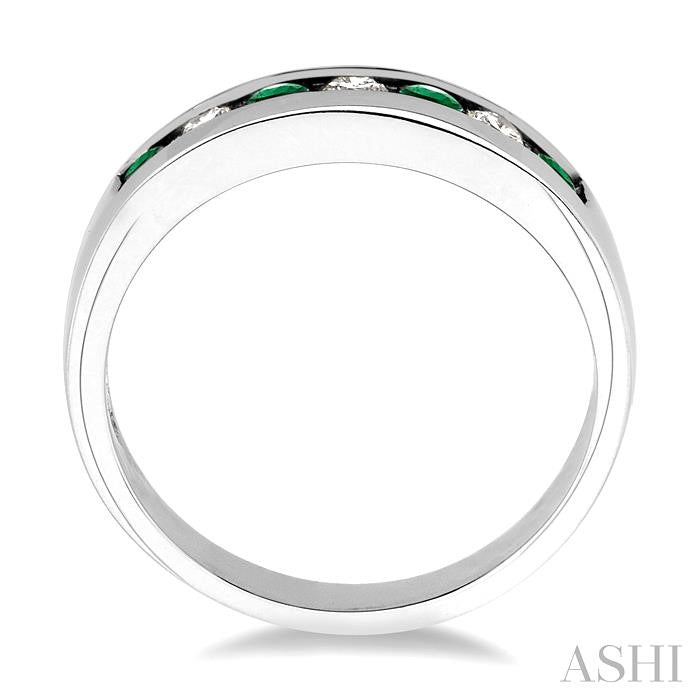 2.5 MM Round Cut Emerald and 1/5 Ctw Channel Set Round Cut Diamond Band in 14K White Gold