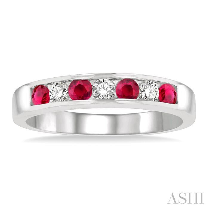 2.5 MM Round Cut Ruby and 1/5 Ctw Channel Set Round Cut Diamond Band in 14K White Gold