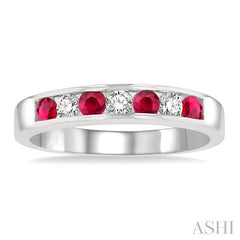 2.5 MM Round Cut Ruby and 1/5 Ctw Channel Set Round Cut Diamond Band in 14K White Gold
