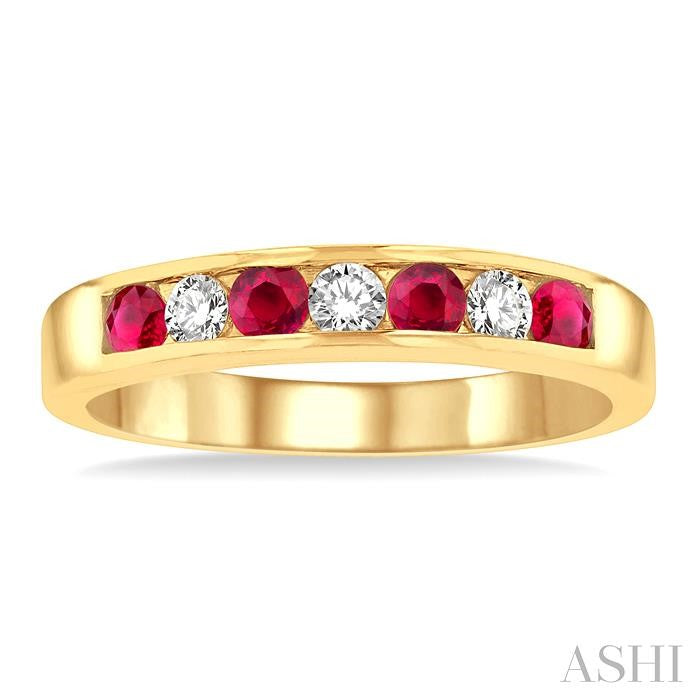 2.5 MM Round Cut Ruby and 1/5 Ctw Channel Set Round Cut Diamond Band in 14K Yellow Gold