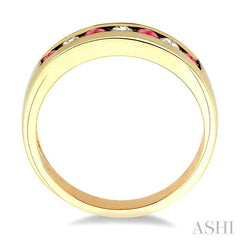 2.5 MM Round Cut Ruby and 1/5 Ctw Channel Set Round Cut Diamond Band in 14K Yellow Gold