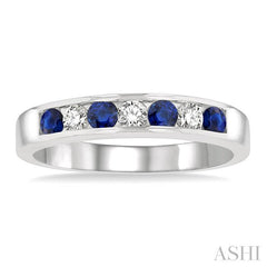 2.5 MM Round Cut Sapphire and 1/5 Ctw Channel Set Round Cut Diamond Band in 14K White Gold