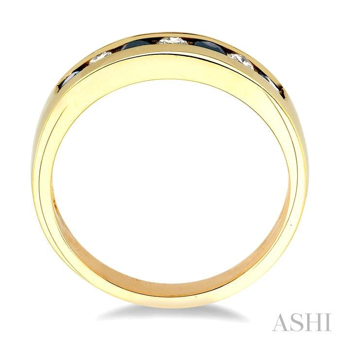 2.5 MM Round Cut Sapphire and 1/5 Ctw Channel Set Round Cut Diamond Band in 14K Yellow Gold