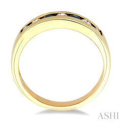 2.5 MM Round Cut Sapphire and 1/5 Ctw Channel Set Round Cut Diamond Band in 14K Yellow Gold