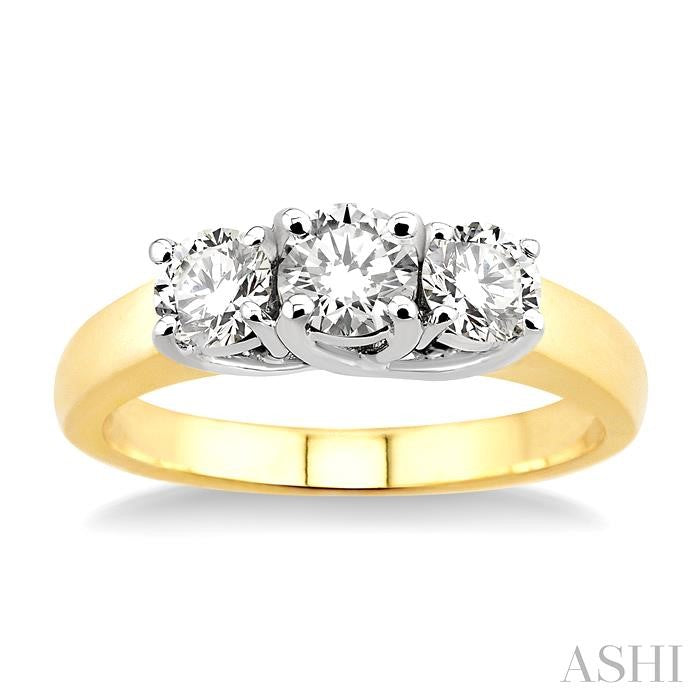 1 Ctw Three Stone Round Cut Diamond Ring in 14K Yellow and White Gold