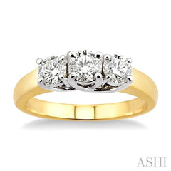 1 Ctw Three Stone Round Cut Diamond Ring in 14K Yellow and White Gold