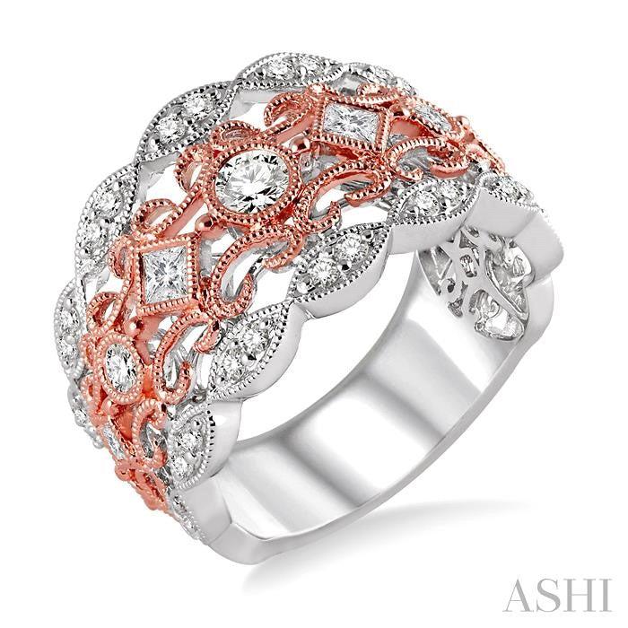 3/4 Ctw Round and Princess Cut Diamond Fashion Band in 14K White and Rose Gold