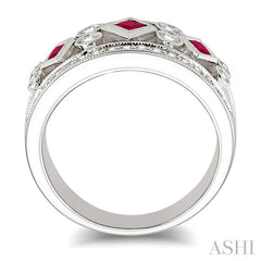 2.2 MM & 2.4 MM Princess Cut Ruby and 3/8 Ctw Round Cut Diamond Precious Fashion Band in 14K White Gold