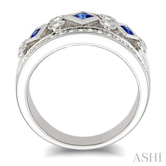 2.2 MM & 2.4 MM Princess Cut Sapphire and 3/8 Ctw Round Cut Diamond Precious Fashion Band in 14K White Gold