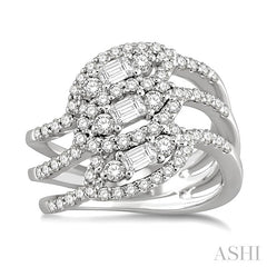 1 1/2 Ctw Round and Baguette Cut Diamond Fashion Ring in 18K White Gold