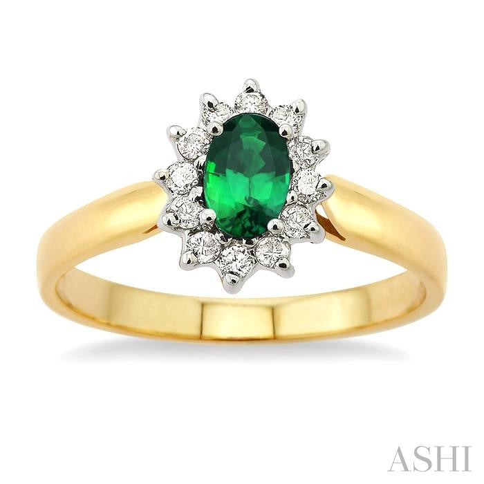 6x4MM Oval Cut Emerald and 1/5 Ctw Round Cut Diamond Ring in 14K Yellow Gold