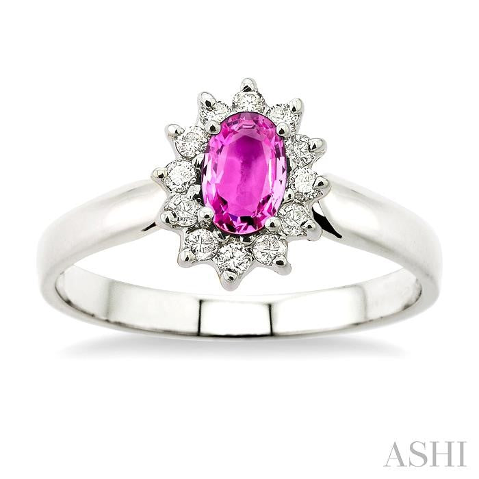 6x4MM Oval Cut Pink Sapphire and 1/5 Ctw Round Cut Diamond Ring in 14K White Gold
