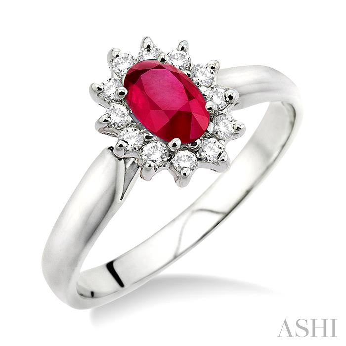 6x4MM Oval Cut Ruby and 1/5 Ctw Round Cut Diamond Ring in 14K White Gold