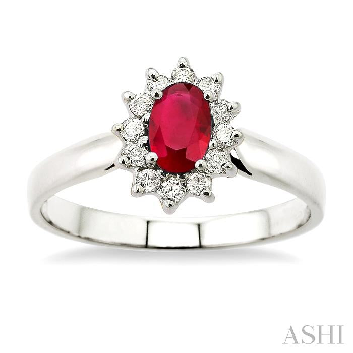 6x4MM Oval Cut Ruby and 1/5 Ctw Round Cut Diamond Ring in 14K White Gold