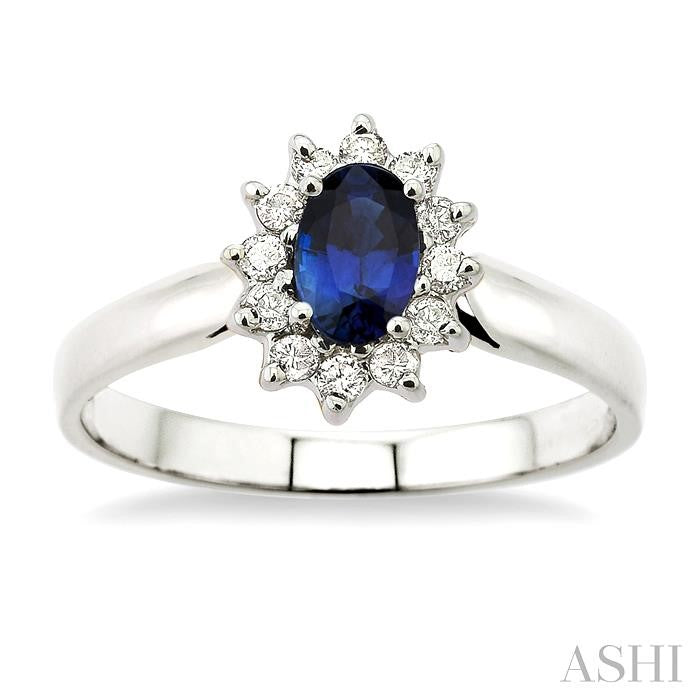 6x4MM Oval Cut Sapphire and 1/5 Ctw Round Cut Diamond Ring in 14K White Gold
