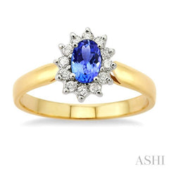 6x4MM Oval Cut Tanzanite and 1/5 Ctw Round Cut Diamond Ring in 14K Yellow Gold