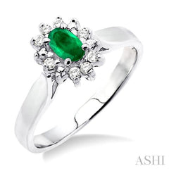 5x3mm Oval Cut Emerald and 1/10 Ctw Round Cut Diamond Ring in 14K White Gold