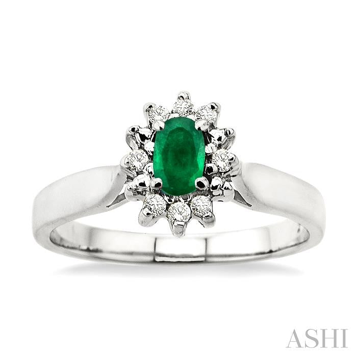 5x3mm Oval Cut Emerald and 1/10 Ctw Round Cut Diamond Ring in 14K White Gold