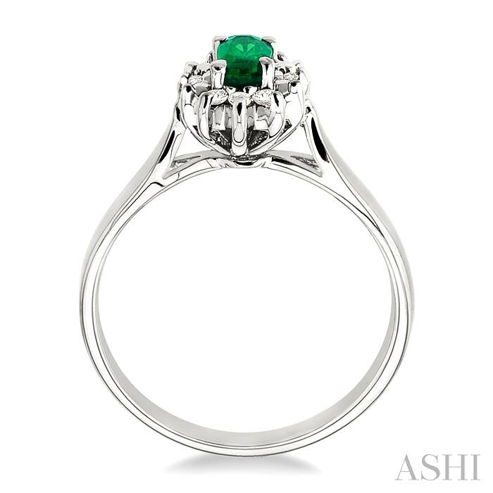 5x3mm Oval Cut Emerald and 1/10 Ctw Round Cut Diamond Ring in 14K White Gold
