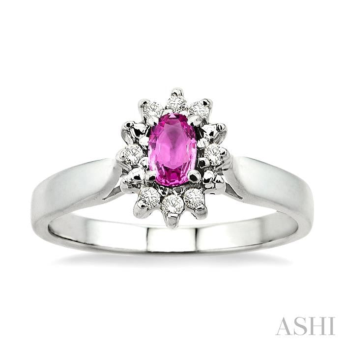 5x3mm Oval Cut Pink Sapphire and 1/10 Ctw Round Cut Diamond Ring in 14K White Gold