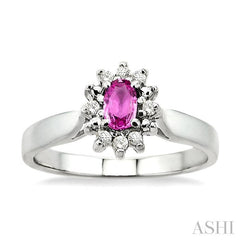 5x3mm Oval Cut Pink Sapphire and 1/10 Ctw Round Cut Diamond Ring in 14K White Gold