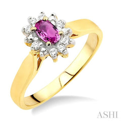5x3mm Oval Cut Pink Sapphire and 1/10 Ctw Round Cut Diamond Ring in 14K Yellow Gold