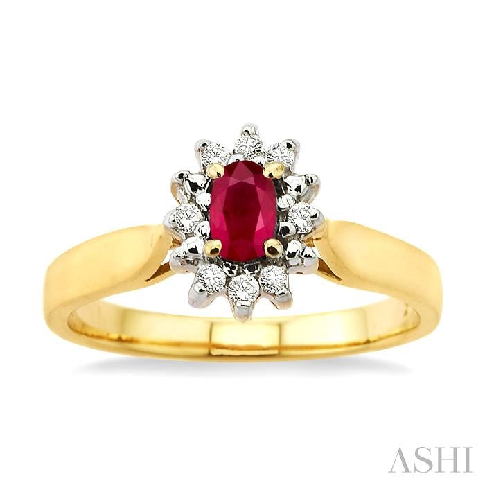 5x3mm Oval Cut Ruby and 1/10 Ctw Round Cut Diamond Ring in 14K Yellow Gold