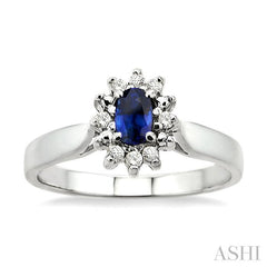 5x3mm Oval Cut Sapphire and 1/10 Ctw Round Cut Diamond Ring in 14K White Gold