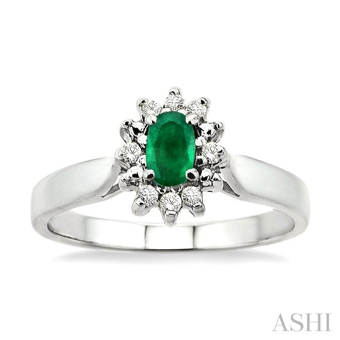 5x3mm Oval Cut Emerald and 1/10 Ctw Round Cut Diamond Ring in 10K White Gold