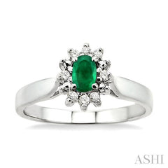 5x3mm Oval Cut Emerald and 1/10 Ctw Round Cut Diamond Ring in 10K White Gold