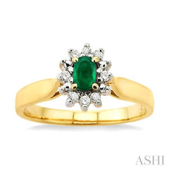 5x3mm Oval Cut Emerald and 1/10 Ctw Round Cut Diamond Ring in 10K Yellow Gold